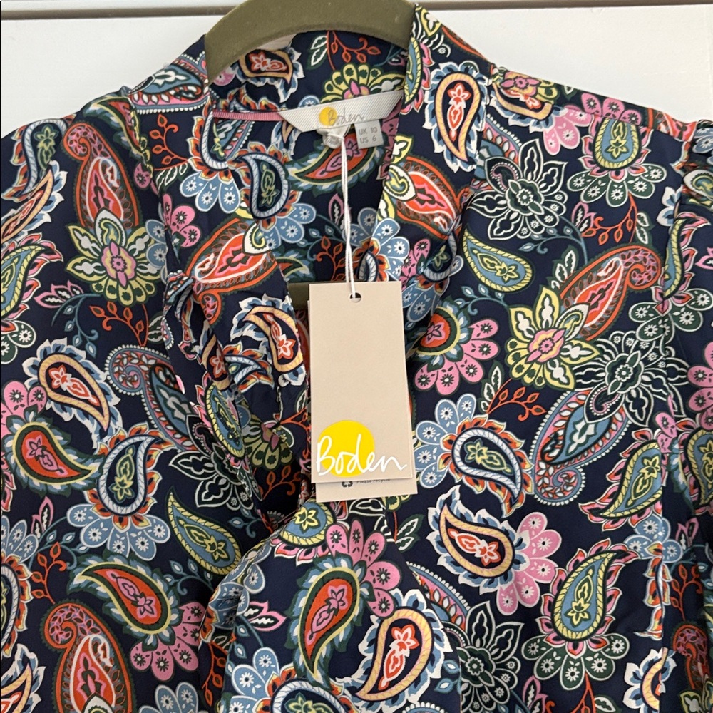 Boden blouse NWT 6 silk tie neck blouse top shirt Navy Multi Paisley 100% silk - Picture 4 of 9